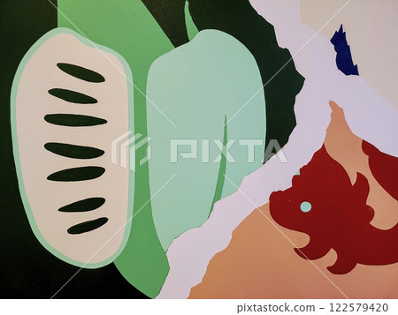Vibrant Abstract Mural with Botanical and Animal Shapes at Eye Level 122579420