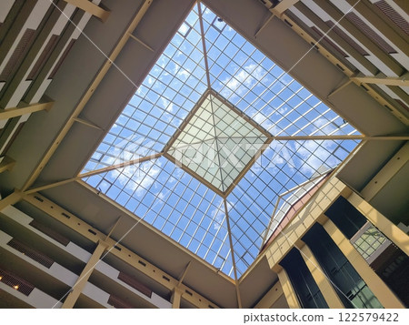 Geometric Skylight and Modern Atrium Upward View Geometric Skylight and Modern Atrium Upward View 122579422