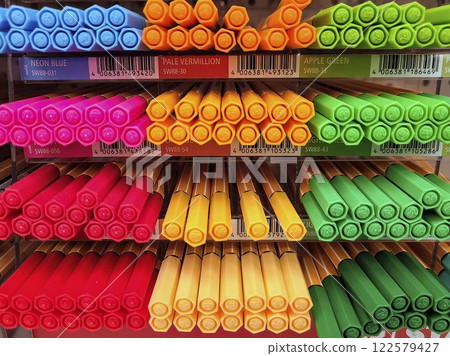 Colorful Marker Display in Art Store Eye-Level Perspective 122579427