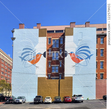 Vibrant Urban Birds Mural in Cincinnati Parking Lot Eye Level Perspective 122579431