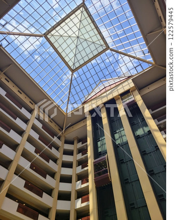 Modern Atrium Glass Ceiling with Elevator Motion Perspective 122579445