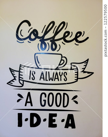 Minimalist Coffee Art Wall with Steaming Cup Eye-Level Perspective 122579500