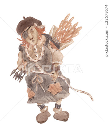 One-eyed old hunter with arrows. Fairytale character. Baba Yaga on the hunt. Watercolor isolated illustration in brown shades for your design 122579574
