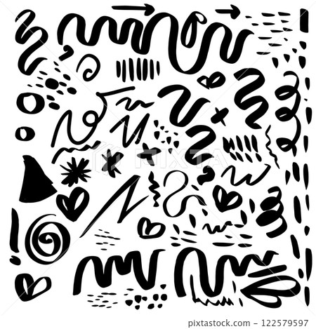 Collection of ink Brush Strokes. Set of vector Grunge Brushes. Dirty textures of banners, boxes, frames and design elements. Painted objects Isolated on white background 122579597