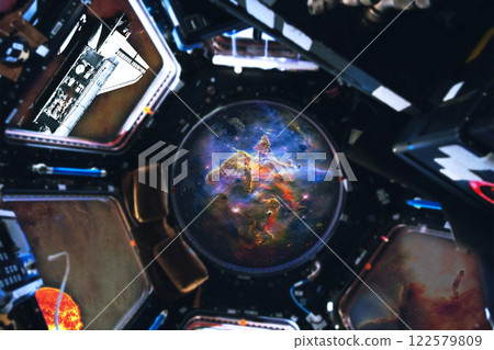 Spacecraft interior with views of space, planets, stars, and interstellar dust. Space Interstellar travel concept. Elements of this 3D rendered illustration were furnished by NASA. Spacecraft interior with views of space, planets, stars, and interstellar dust. Space Interstellar travel concept. Elements of this 3D rendered illustration were furnished by NASA. 122579809