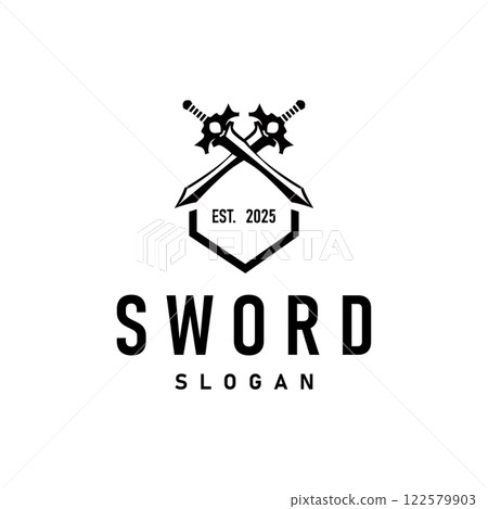 Black silhouette design logo sword war equipment impression blade power 122579903