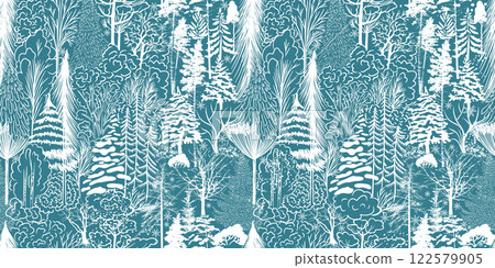 Christmas. Winter background. Winter Forest background. Pine, spruce, christmas tree. Snowy graphic trees seamless pattern panorama view. hand drawing. Not AI, Vector illustrations 122579905