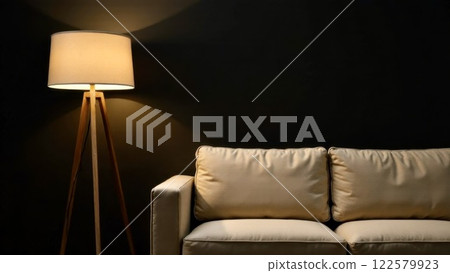In the dark room, there is a beige sofa and next to it, a floor lamp. On the wall, there is space for copy space 122579923
