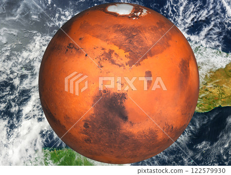 A satellite view of Mars featuring an overlaid image of the globe, highlighting Africa, Europe, and Asia. A satellite view of Mars featuring an overlaid image of the globe, highlighting Africa, Europe, and Asia. 122579930