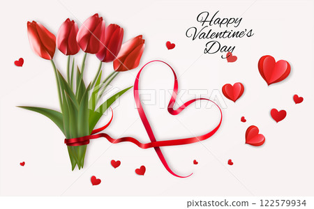 Happy Valentine's Day getting card  with red flowers and a red heart shape ribbon. Vector. 122579934