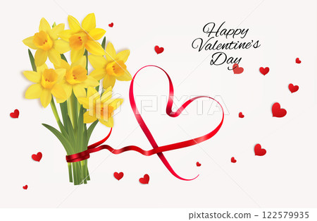 Happy Valentine's Day getting card  with yellow flowers and a red heart shape ribbon. Vector. 122579935