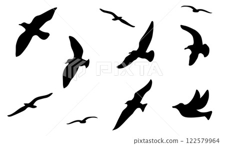 Silhouette illustration of a flock of birds flying in the sky Silhouette illustration of a flock of birds flying in the sky 122579964