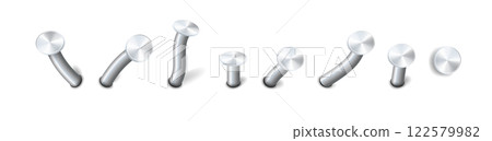 Nails hammered into wall steel straight and bent metal hardware spikes. Hobnails with grey caps top view isolated on transparent background. Vector 122579982