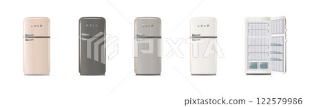 Modern fridges. Realistic coolers, refrigerators for home or restaurant kitchen and cold products storage. 3d Vector 122579986