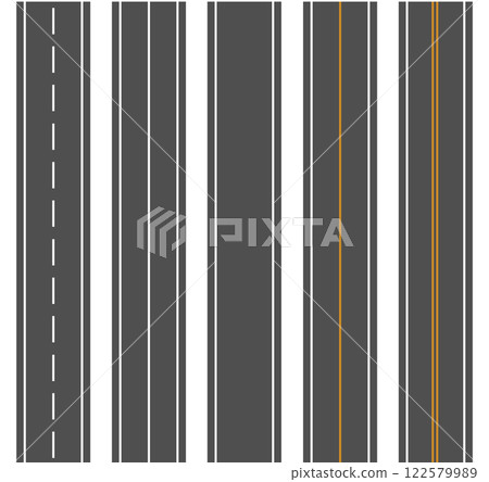 Bending roads and high ways. Road curves geometric design, street intersection. Flat style cartoon roads. Vector 122579989