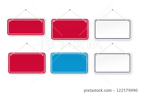 Red and blue shop door signs hanging isolated . Empty or blank sign for store, restaurant or cafe. Vector illustration 122579990