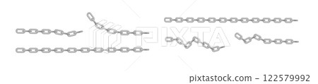 Free metal chain with whole or break steel chrome links. Collection of seamless metal chains colored silver. Vector 122579992