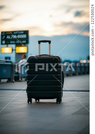 Travel Suitcase: A sleek, modern suitcase standing in an airport terminal with planes visible through large windows. AI Generated Travel Suitcase: A sleek, modern suitcase standing in an airport terminal with planes visible through large windows. AI Generated 122580024