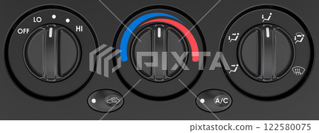 Car dashboard knob switch set. Auto air conditioner, 3D rendering 122580075