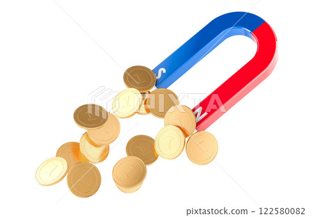Magnet attracting golden coins, business concept. 3D rendering Magnet attracting golden coins, business concept. 3D rendering 122580082