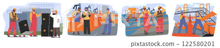 Industrial workers characters working at petroleum factory, oil gas producing fields and pipeline 122580201