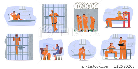 Diverse prisoners cartoon characters wearing orange jumpsuit engaged in various activity set Diverse prisoners cartoon characters wearing orange jumpsuit engaged in various activity set 122580203