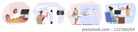 Woman patient getting ultrasound, MRI, tomography breast cancer medical screening cartoon scene 122580204