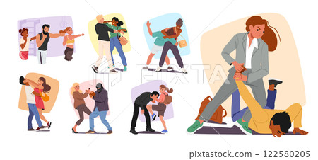Women cartoon characters learning self-defense techniques fighting robbers and street thug scene set 122580205