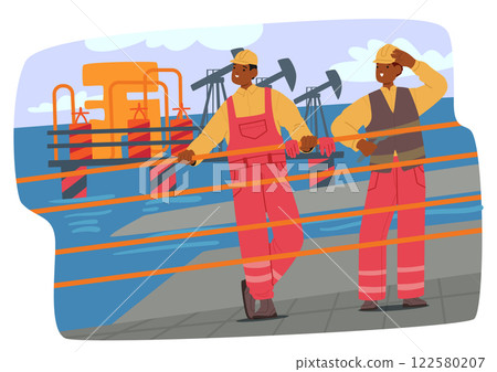 Industrial workers characters working at oil drilling rigs offshore platform cartoon scene 122580207