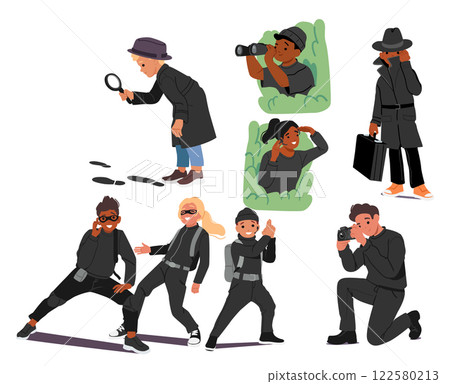 Diverse children cartoon characters playing spy game, imagining themselves as secret agent 122580213