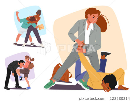 Furious strong women cartoon characters fighting bandit and robber on street isolated scene set Furious strong women cartoon characters fighting bandit and robber on street isolated scene set 122580214