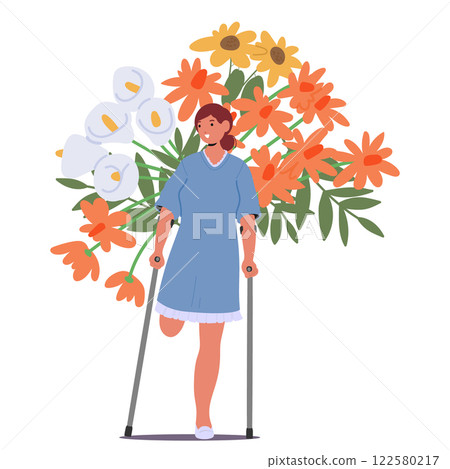 Beautiful woman cartoon character with amputee leg standing in crutches surrounded flowers 122580217