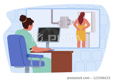 Doctor radiologist doing mammogram x-ray scanning for breast cancer detection vector illustration Doctor radiologist doing mammogram x-ray scanning for breast cancer detection vector illustration 122580223