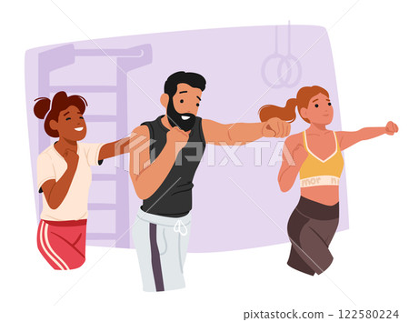 Women cartoon characters learning self-defense technique with trainer instructor at sport class Women cartoon characters learning self-defense technique with trainer instructor at sport class 122580224