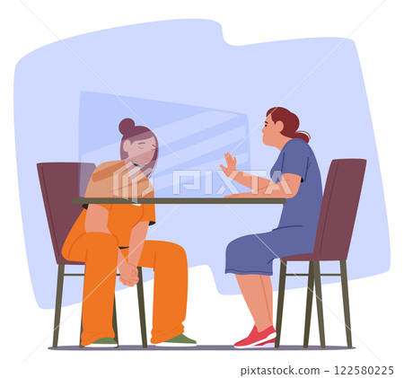 Sad upset woman prisoner cartoon character having meeting time with relatives vector illustration Sad upset woman prisoner cartoon character having meeting time with relatives vector illustration 122580225