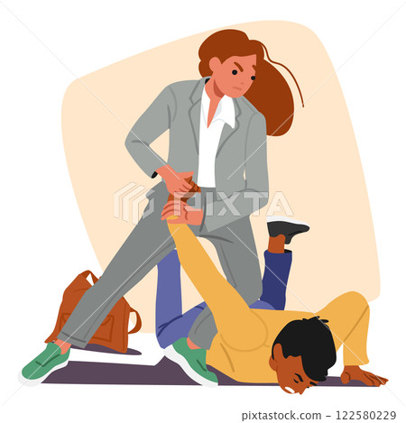 Woman office manager cartoon character attacking bandit applying battle techniques for self defense Woman office manager cartoon character attacking bandit applying battle techniques for self defense 122580229