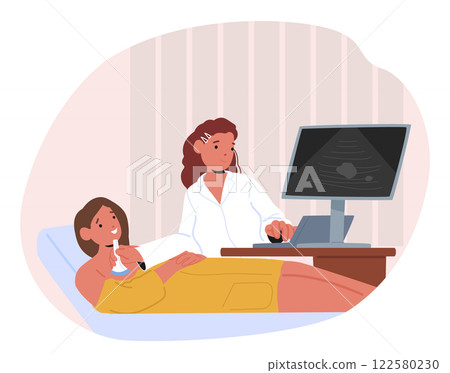 Woman doctor providing breast cancer ultrasound screening in medical clinic vector illustration 122580230