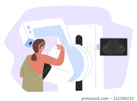 Woman patient character getting mammogram breast cancer screening on radiology medical equipment Woman patient character getting mammogram breast cancer screening on radiology medical equipment 122580232