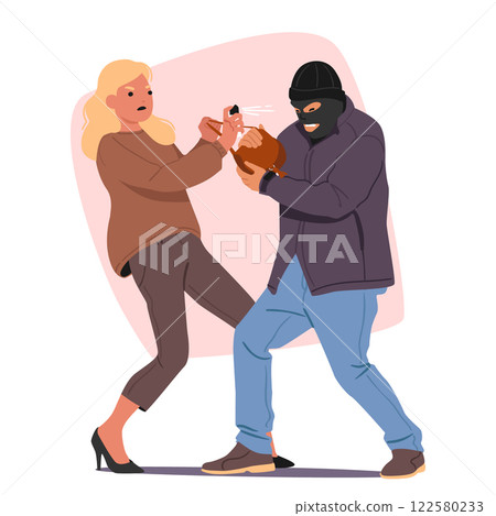 Woman cartoon character applying gas canisters for self-defense against robber vector illustration 122580233