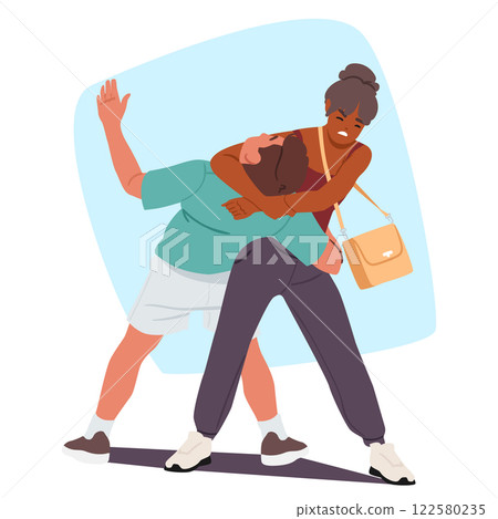 Angry woman cartoon character applying hand grip on male thief neck defending herself successfully 122580235