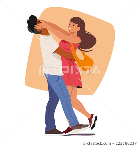 Young woman cartoon character putting strong pressure on robber bandit eyes defending herself Young woman cartoon character putting strong pressure on robber bandit eyes defending herself 122580237
