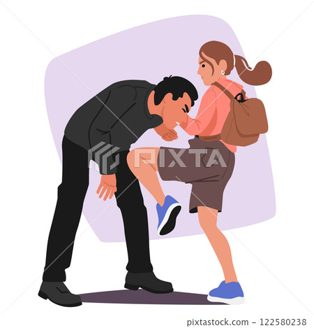 Student girl child cartoon character applying combative techniques to fight bandit on street 122580238