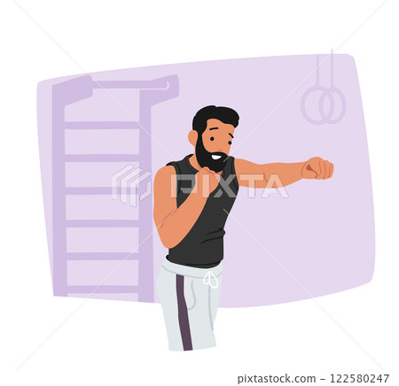 Personal trainer cartoon character showcasing self defense techniques during sports lesson at gym Personal trainer cartoon character showcasing self defense techniques during sports lesson at gym 122580247