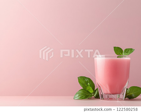 glass of fresh pink drink 122580258