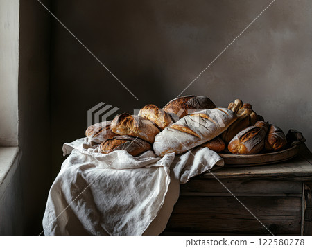 various kinds of artisan bread on rustic table various kinds of artisan bread on rustic table 122580278