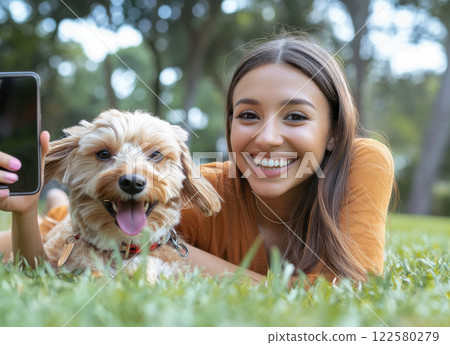 young smiling woman take a selphy with her dog 122580279