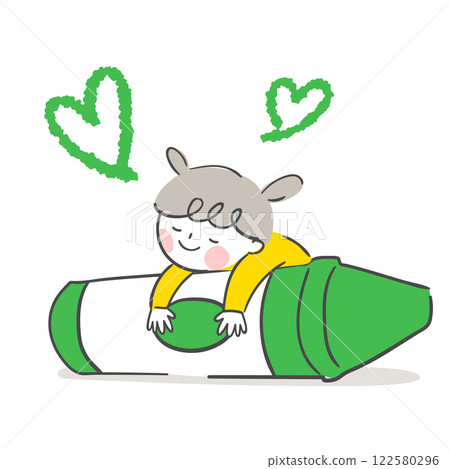 Character illustration of a child lying on a green crayon. Character illustration of a child lying on a green crayon. 122580296