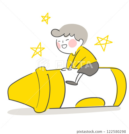Character illustration of a child sitting on a yellow crayon. 122580298