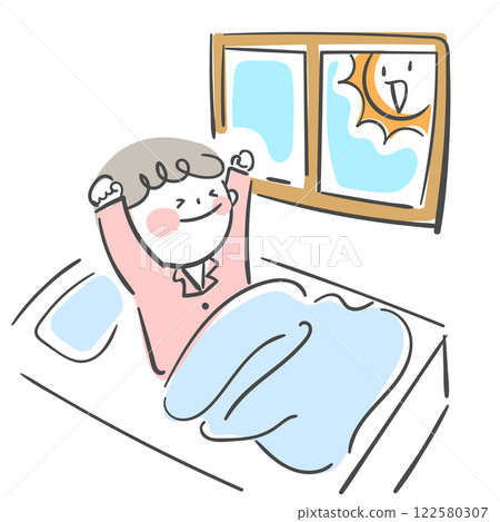 Character illustration of a child waking up and stretching in the morning 122580307