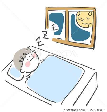 Character illustration of a child sleeping with a moonlit window. Character illustration of a child sleeping with a moonlit window. 122580309